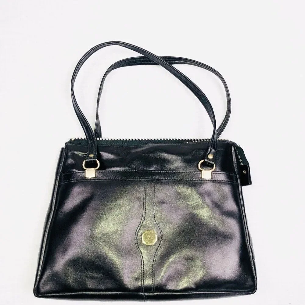 Vintage 60s Mod Womens Pocketbook Black Leather Purse Tote